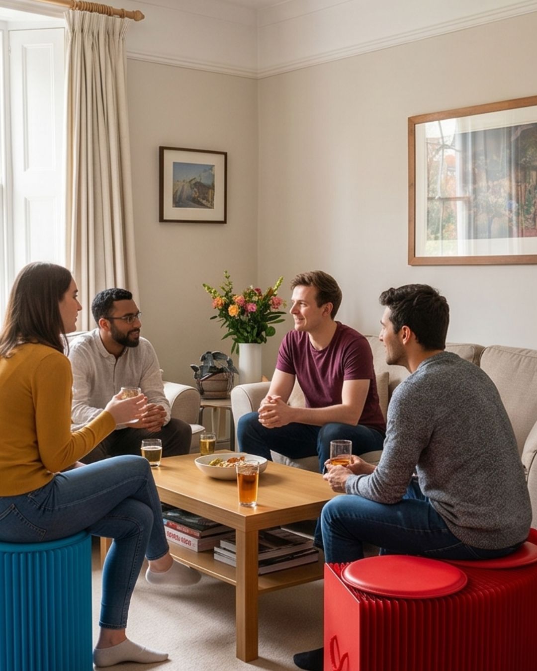 A group of people sat chatting on Paper Lounge stools and benches