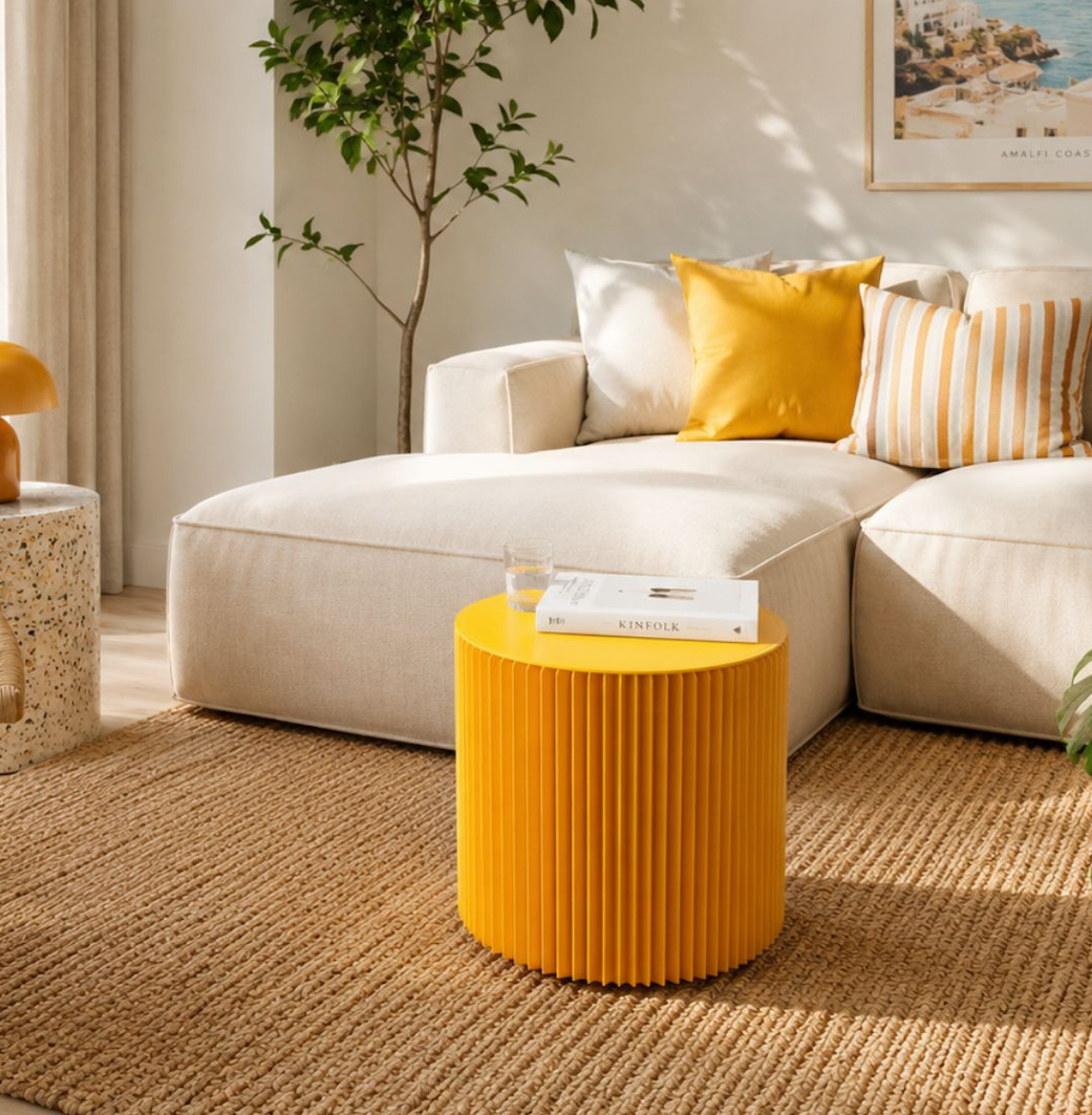 Yellow paper lounge stool in a neutral room